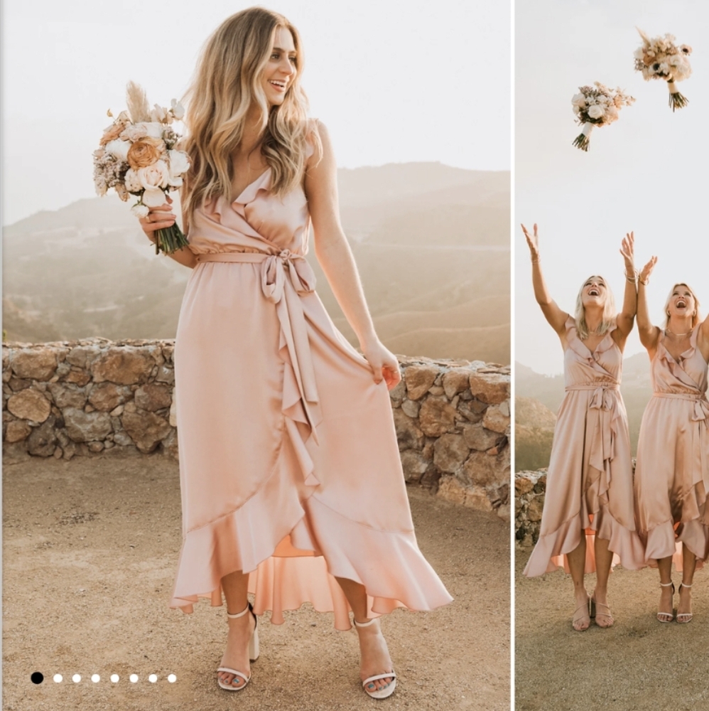 Show Me Your Mumu Samantha Wrap Dress Womens Small Rose Gold Luxe Satin Golden 3